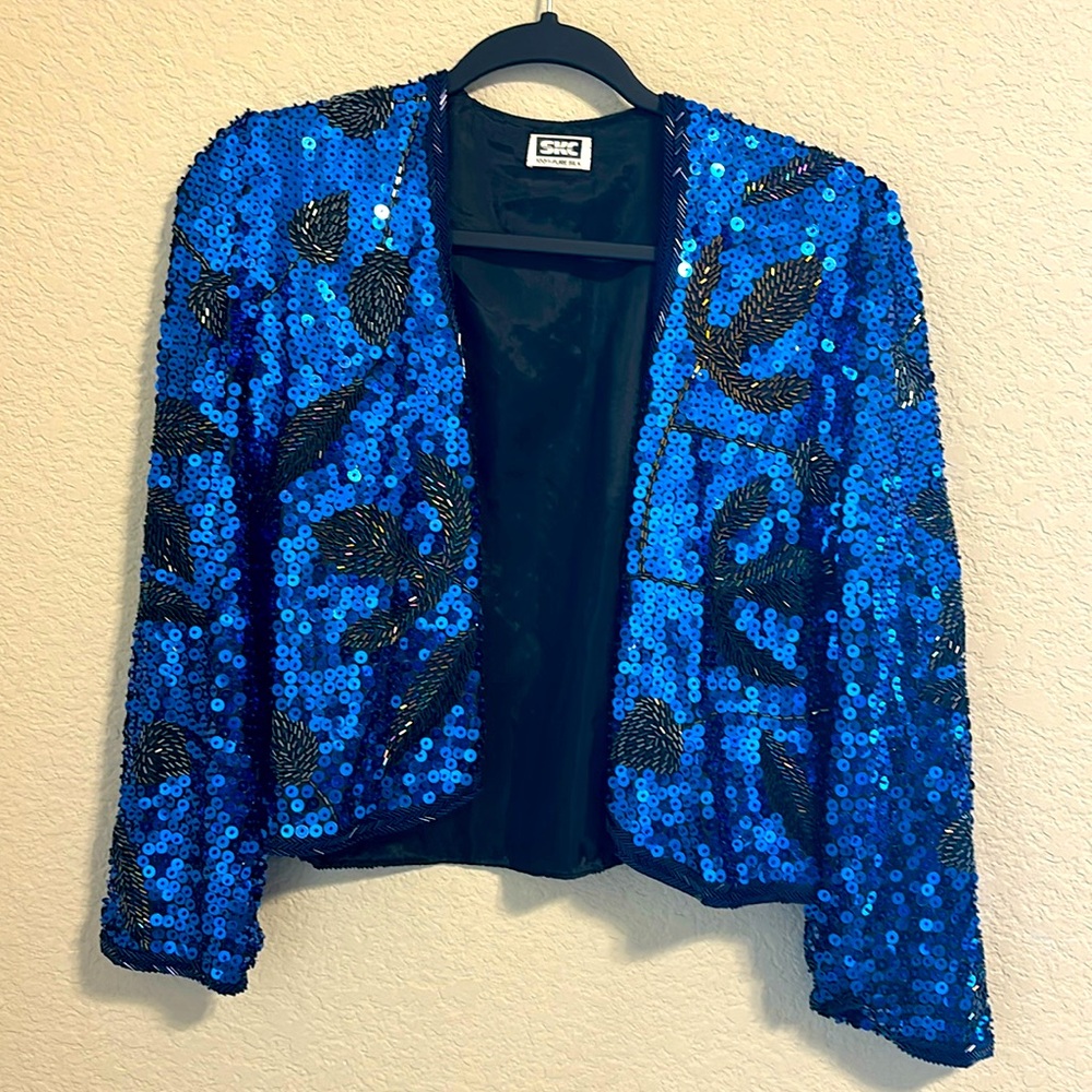 ♥️ Vintage SKC 100% Silk Sequins Evening Cardigan in Royal Blue